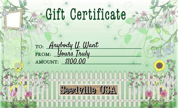Seedville USA Shop Gift Certificate - Garden Gate Design - By Email or Postal Mail - You Choose Amount