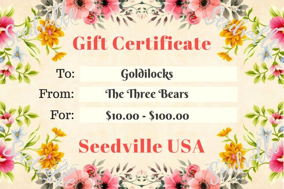 Seedville USA Shop Gift Certificate - Vintage Floral Design - By Email or Postal Mail - You Choose Amount
