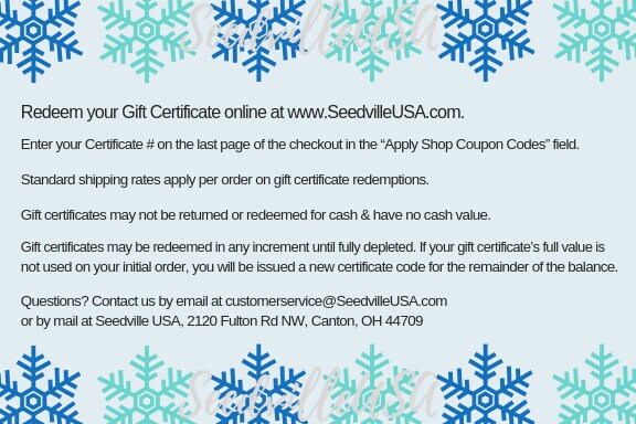 Seedville USA Shop Gift Certificate - Season's Greetings Hanukkah or Christmas Design - By Email or Postal Mail - You Choose Amount