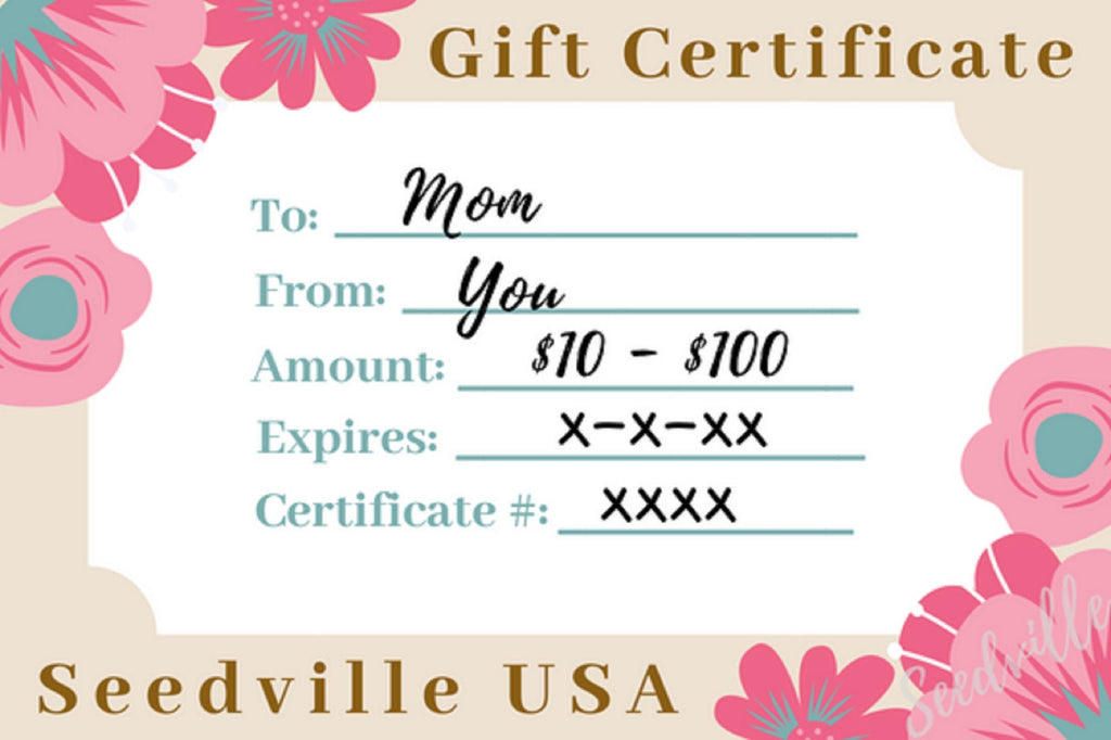 Seedville USA Shop Gift Certificate - Pink Flower Design - By Email or Postal Mail - You Choose Amount